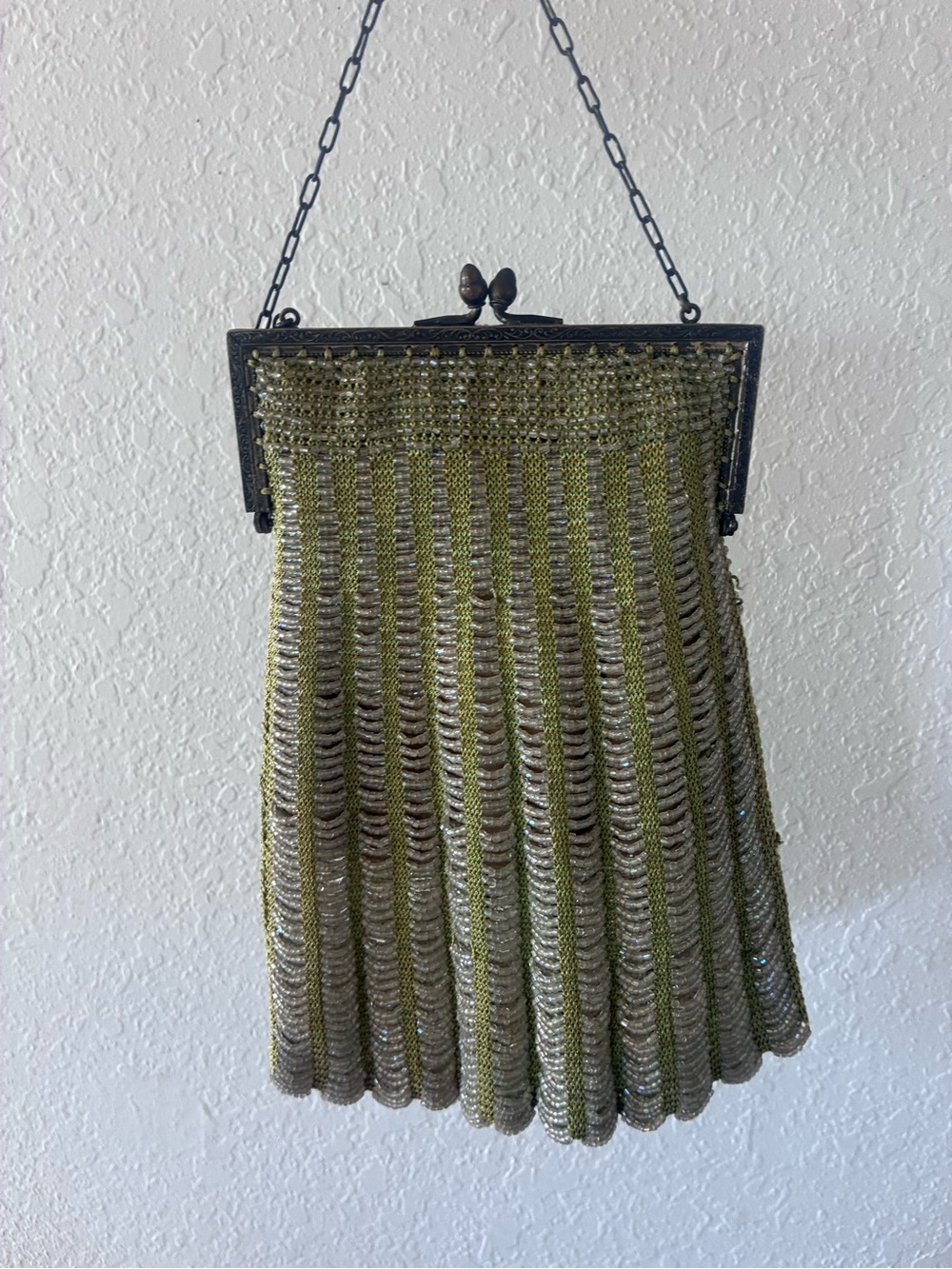 Vintage Art Deco Olive Green glass beaded flapper purse clutch silk liner